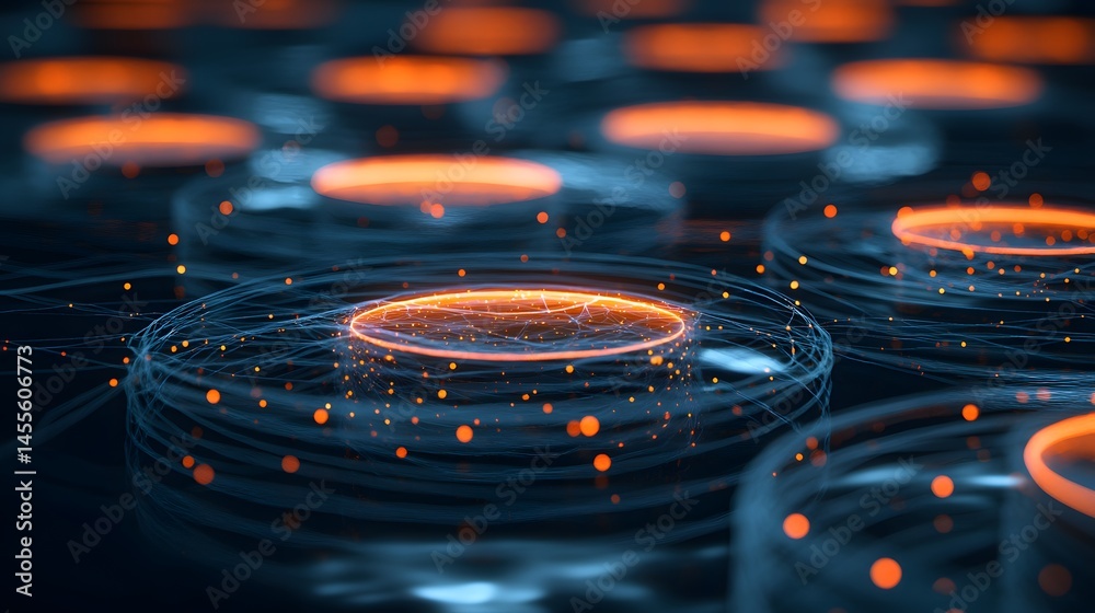 Poster abstract tech art. orange rings emit light, surrounded by blue lines and dots, suggesting a complex 