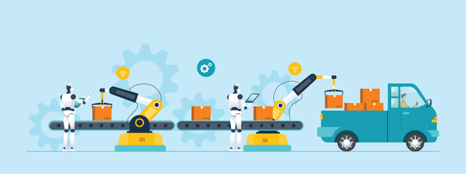 flat vector design future digital manufacturing with robotics automation working process. Artificial Intelligence in Logistics manufacturing concept
