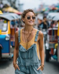 Fototapeta premium Young Woman in Sunglasses Enjoying Colorful Street Scene