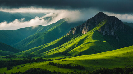 Sunlit Green Mountain Landscape with Dramatic Clouds and Rolling Hills