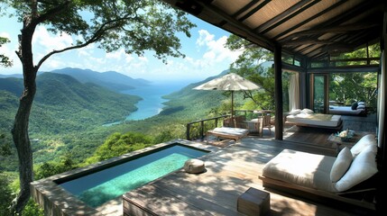 Luxurious mountaintop villa with a breathtaking ocean view.  A private pool and deck offer spectacular vistas