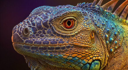 Fototapeta premium Colorful Iguana Head Close Up Vibrant Scales Reptile Eye Art