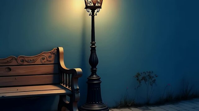 Wooden bench and illuminated lamppost against a blue wall, moody twilight ambiance