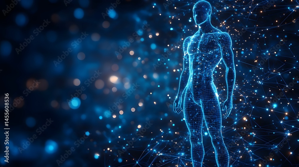 Aufkleber futuristic glowing wireframe human figure amidst a digital network. a bright, connected representati