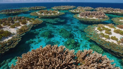 Aerial view of coral reefs and shallow turquoise ocean water on a sunny day in the tropics
