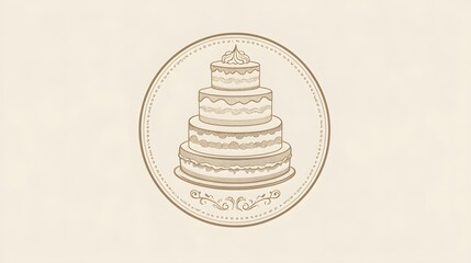A tiered cake illustration presented within a decorative circular frame