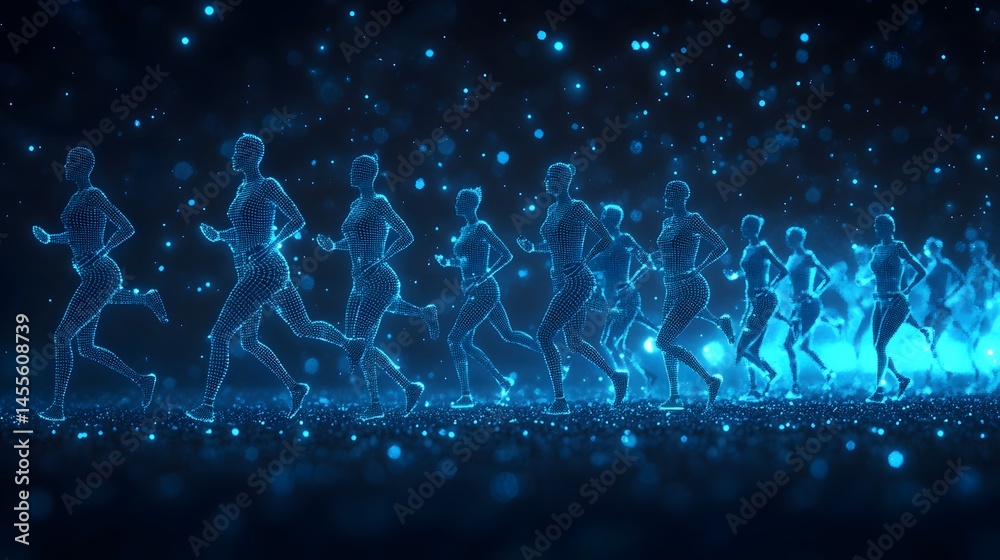 Leinwandbilder futuristic runners rendered in glowing blue dots sprint through a digital landscape. energy and moti