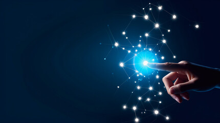 Futuristic Touch Interface with Glowing Network Connections and Human Finger