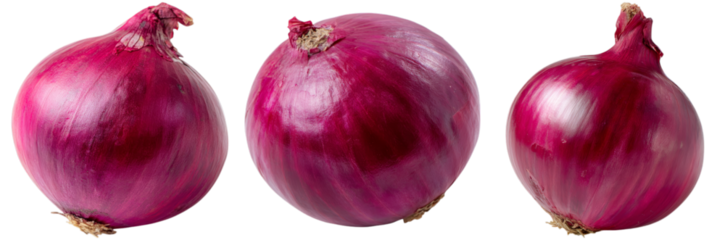Three red onions are displayed in a row, highlighting their glossy skin and rich color. These vegetables are perfect for adding flavor and color to various dishes