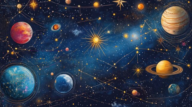 Celestial map with planets stars constellations