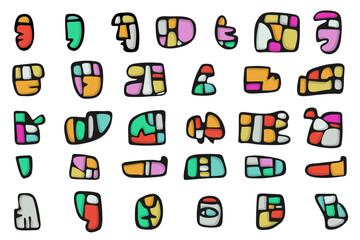 Colorful abstract stickers representing various shapes and symbols creating a playful and modern design