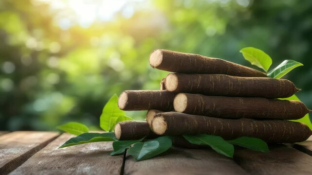 Roots sit on a wooden surface, basking in warm sunlight that highlights their natural beauty
