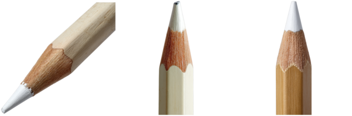 Three colored pencils are displayed, highlighting variations in tip design and color. The arrangement emphasizes the textures and details of each pencil