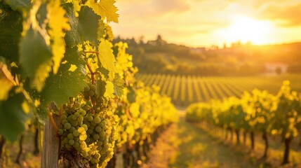 Fototapeta premium A lush vineyard with rows of grapevines under a golden sunset