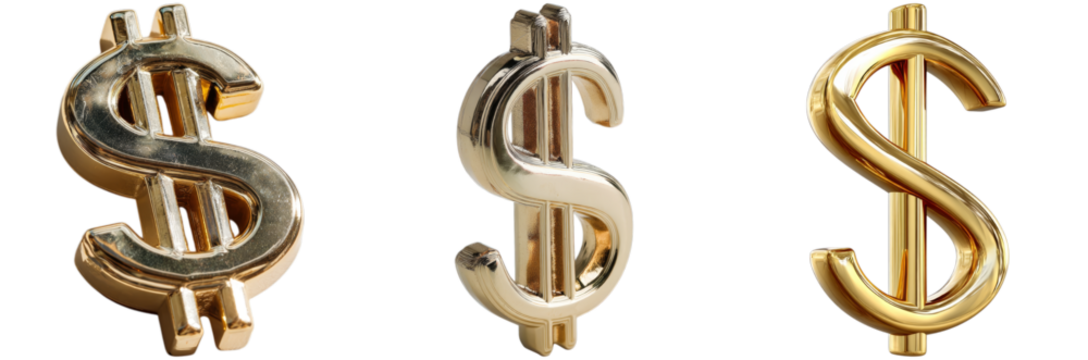 Three dollar sign icons in shiny gold and silver showcase their 3D form against a transparent backdrop, ideal for design projects
