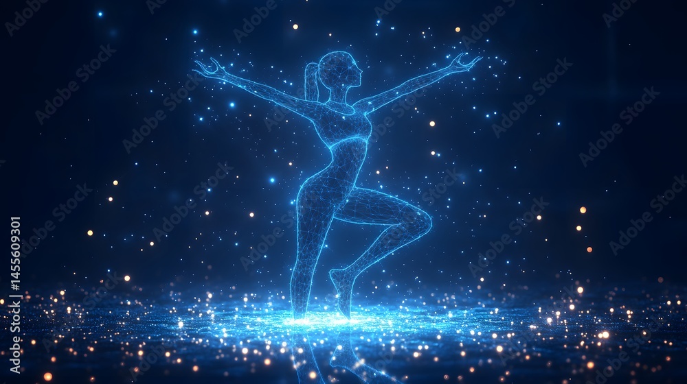 Poster Ethereal wireframe dancer in a cosmic ballet of light and energy. A futuristic vision of grace. Abstract Digital low-poly wireframe connected dots in dark blue.