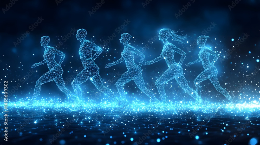 Poster Dynamic, illuminated figures race across a digital landscape. Energy and motion combine in this abstract representation of progress. Abstract Digital low-poly wireframe connected dots in dark blue.