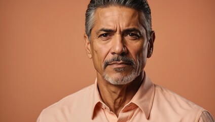 Mature Hispanic Man Radiating Confidence in Peach Setting

