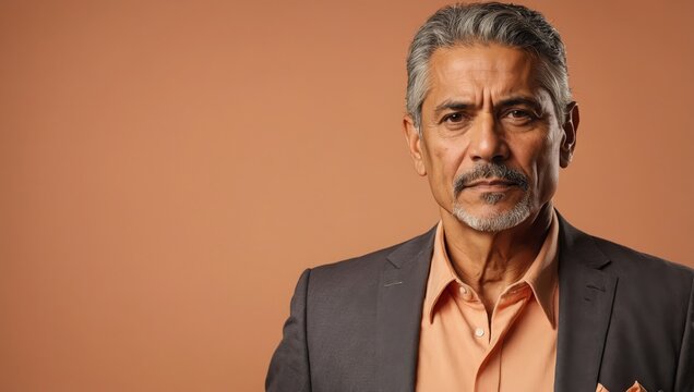 Poised Mature Hispanic Man with Warm Peach Background
