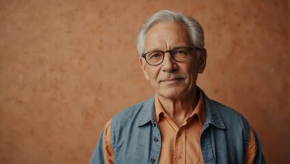 Confident senior man standing against peach backdrop