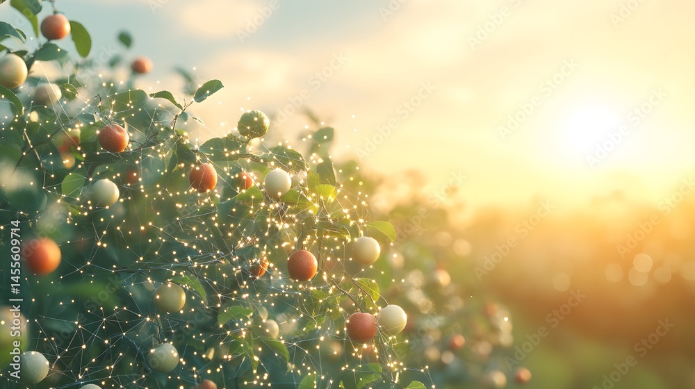 Poster Apple trees display a vibrant harvest, enhanced by a digital network overlay. A futuristic touch combines nature and technology in warm light. Abstract Digital low-poly wireframe connected