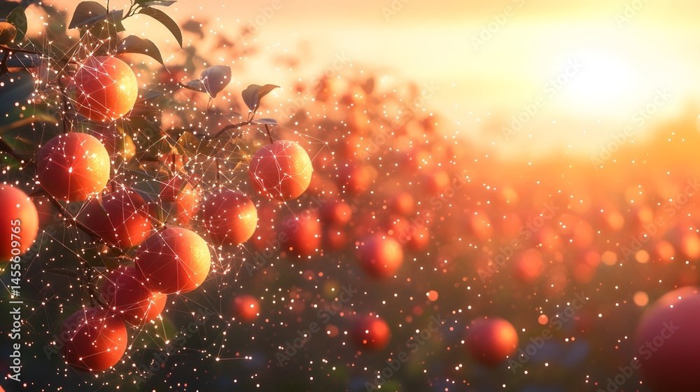 Poster sun-kissed red fruits gleam in a vibrant orchard, digitally enhanced with abstract dark blue lines c
