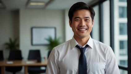 Portrait of a happy Asian office worker with ambition and a positive attitude.

