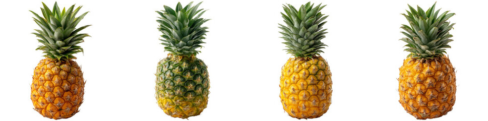 Fototapeta premium Four pineapples at different ripeness stages are depicted in a transparent format, showcasing their unique colors and textures for design projects