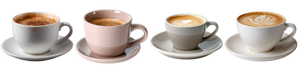 Four stylish coffee cups in different colors display exquisite designs and latte art, perfect for coffee enthusiasts or cafe decor. Ideal for beverage-related projects