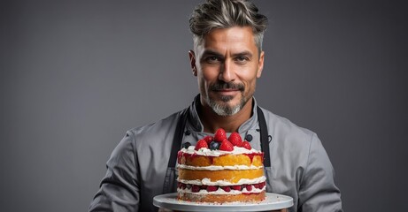 Chef proudly displays a cake against a grey background.


