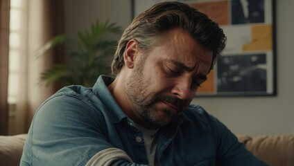 Man comforting distressed friend in apartment living room highlighting supportive