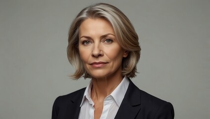 Mature businesswoman exudes confidence against a plain white background.

