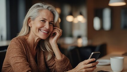 Mature woman, phone and smile for dating, app and typing in communication on social media network 