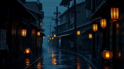 Intense jet black 3D rendered pixel art depicting a cozy Japanese alleyway in the rain with glowing lantern reflections on the wet street, deep shadows and pure black tones