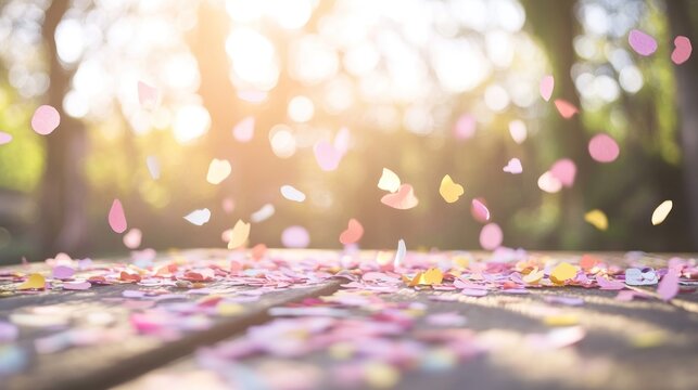 Falling confetti on table in sunlight