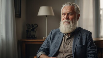 A bearded elderly man with confidence poses in his home.


