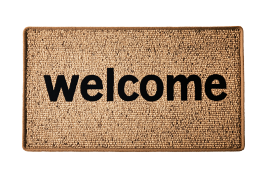 Rectangular woven doormat with "welcome" text on transparent background