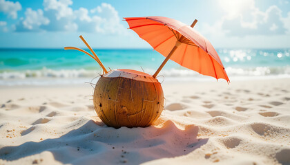Coconut Drink with Umbrella on Beach