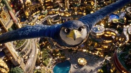 Majestic blue bird of prey soaring above city at night
