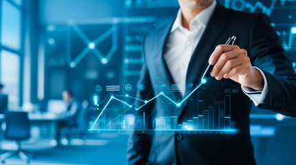 Businessman Analyzing Digital Financial Graph on Virtual Interface