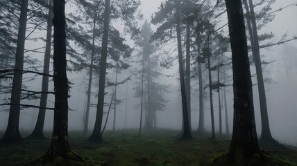 Fototapeta premium A misty forest scene with tall trees and a dense fog creating a mysterious atmosphere in nature