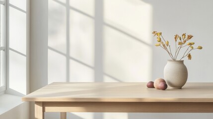 Light-filled room with a wooden table, vase, and dried flowers. Sunlight streams through a large window, casting shadows on a clean, white wall.