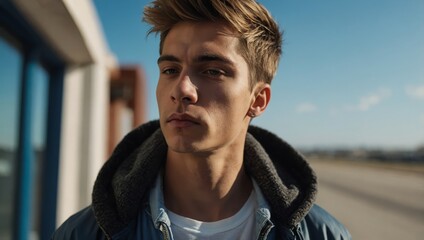 Portrait of a cool young man framed by a sunny blue sky.

