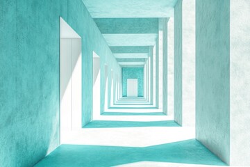 Obraz premium Open white doors aligned on a blue pastel corridor, conveying open opportunities, 3D rendering