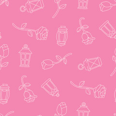 Outline Vector Seamless Pattern of Rose Flower Lantern Background for Fashion Wrapping Print Fabric