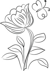 Elegant Line Art Drawing of a Flower and Butterfly