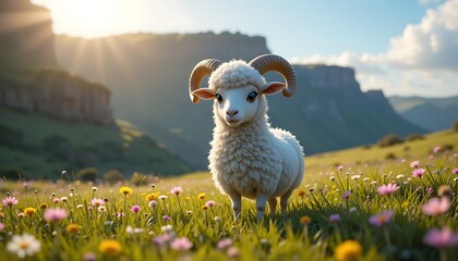 Standing Sheep in Flower Meadow with Mountain Backdrop