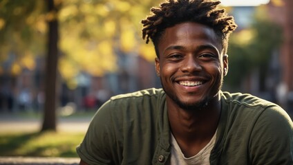 Happy young man enjoying a sunny day outdoors, radiating positivity.


