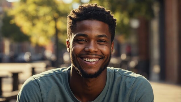 Relaxed portrait of smiling African American male in natural setting.

