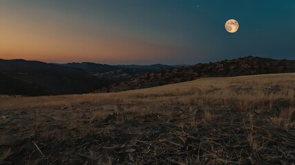 A landscape view of a field with mountains in the background and a full moon in the night sky above